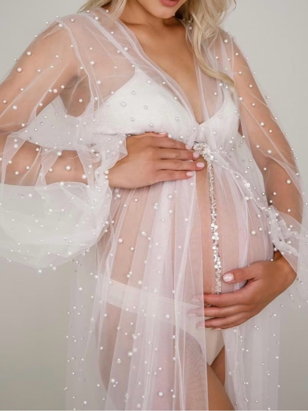 Sheer Pearl-Embellished Maternity Robe - White